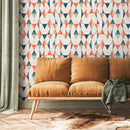 Geometric Wallpaper with a Retro Triangle Pattern in Blue, Orange, and Beige - A412