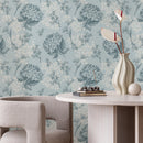 Floral Wallpaper with Vintage Hydrangeas in Blue, Slate Blue, and Cream - A631