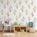 Bohemian Wallpaper with Whimsical Patterned Cacti in Pink, Yellow, and Blue - A689