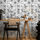 Geometric Wallpaper with a Watercolor Half-Moon Motif in Gray and White - A348