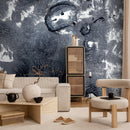 Abstract Wallpaper with a Textured Ink Blot Motif in Navy Blue and White - A349