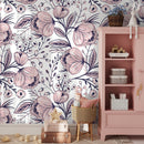 Floral Wallpaper featuring Stylized Hand-Drawn Blooms in Pink and Purple - A691