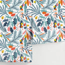 Botanical Wallpaper with Colorful Leaves and Berries in Blue, Orange, and Pink - A713