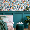 Botanical Wallpaper with Colorful Leaves and Berries in Blue, Orange, and Pink - A713