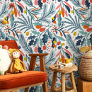 Botanical Wallpaper with Colorful Leaves and Berries in Blue, Orange, and Pink - A713