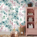 Botanical Wallpaper with Watercolor Leaves and Berries in Green and Pink - A735
