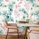 Botanical Wallpaper with Watercolor Leaves and Berries in Green and Pink - A735