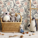 Floral Wallpaper Featuring Stylized Tulips in Pink, Warm Beige, and Blue - A829