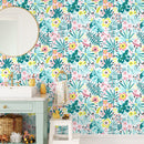 Botanical Wallpaper with Tropical Flowers in Teal, Pink, and Yellow - A831