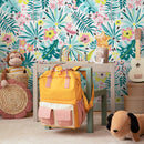 Botanical Wallpaper with Tropical Flowers in Teal, Pink, and Yellow - A831