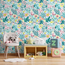 Botanical Wallpaper with Tropical Flowers in Teal, Pink, and Yellow - A831