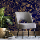 Paisley Wallpaper with an Intricate Ornamental Motif in Blue and Gold - A898