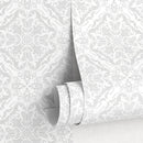 Damask Wallpaper with an Ornate Medallion Motif in Light Gray - A900