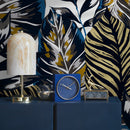 Botanical Wallpaper Featuring Bold Tropical Leaves in Blue, Gold, and Black - B134