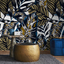 Botanical Wallpaper Featuring Bold Tropical Leaves in Blue, Gold, and Black - B134
