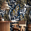 Botanical Wallpaper Featuring Bold Tropical Leaves in Blue, Gold, and Black - B134