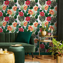 Botanical Wallpaper Featuring Flowering Cacti in Green, Pink, and Orange - A911