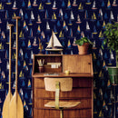 Nautical Wallpaper Featuring a Fleet of Sailboats in Navy Blue, Yellow, and Coral - B244