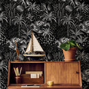 Tropical Wallpaper with a Graphic Jungle Scene in Black and White - A945