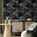 Tropical Wallpaper with a Graphic Jungle Scene in Black and White - A945