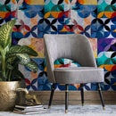 Geometric Wallpaper Featuring Overlapping Circles in Blue, Orange, and Black - B264
