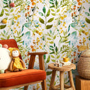 Botanical Wallpaper featuring Watercolor Leaves in Green, Yellow, and Orange - A198