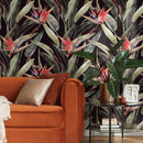 Tropical Wallpaper with a Bird of Paradise Motif in Black, Green, and Red - D951