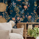 Floral Wallpaper with a Moody Wildflower Motif in Dark Teal, Light Orange, and Tan - A572