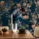 Floral Wallpaper with a Moody Wildflower Motif in Dark Teal, Light Orange, and Tan - A572
