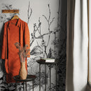 Floral Wallpaper with an Engraved Botanical Motif in Black and Cream - A531