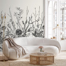 Floral Wallpaper with an Engraved Botanical Motif in Black and Cream - A531