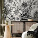 Floral Wallpaper with an Engraved Botanical Motif in Black and Cream - A531