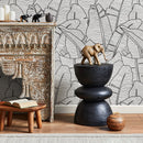 Botanical Wallpaper Featuring a Line Art Banana Leaf Motif in Black and White - A961