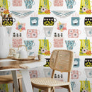 Folk Wallpaper featuring Whimsical Kitchenware in Teal, Pink, and Green - B328