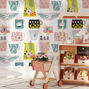 Folk Wallpaper featuring Whimsical Kitchenware in Teal, Pink, and Green - B328