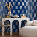 Geometric Wallpaper with a Distressed Column Motif in Blue and White - B408