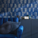 Geometric Wallpaper with a Distressed Column Motif in Blue and White - B408