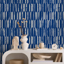Geometric Wallpaper with a Distressed Column Motif in Blue and White - B408