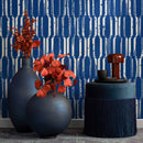 Geometric Wallpaper with a Distressed Column Motif in Blue and White - B408