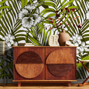 Tropical Wallpaper with Palm Leaves and Hibiscus Flowers in Green and White - B420