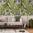 Tropical Wallpaper with Palm Leaves and Hibiscus Flowers in Green and White - B420