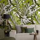 Tropical Wallpaper with Palm Leaves and Hibiscus Flowers in Green and White - B420