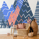 Abstract Wallpaper with a Stylized Mountain Range in Blue, and Coral- A950