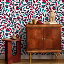 Botanical Wallpaper with Stylized Vines in Red and Teal - B430