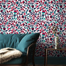 Botanical Wallpaper with Stylized Vines in Red and Teal - B430