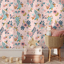 Floral Wallpaper with Butterflies and Dragonflies in Pink, Teal, and Gold - B512