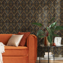 Abstract Intricate Fan Wallpaper – Geometric Motif in Black and Yellow Gold Effect - B520