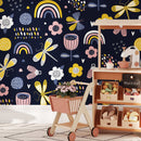 Kids Wallpaper with Dragonflies, Rainbows, and Flowers in Yellow, Pink, and Blue - B522