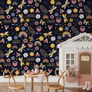 Kids Wallpaper with Dragonflies, Rainbows, and Flowers in Yellow, Pink, and Blue - B522