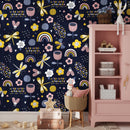 Kids Wallpaper with Dragonflies, Rainbows, and Flowers in Yellow, Pink, and Blue - B522